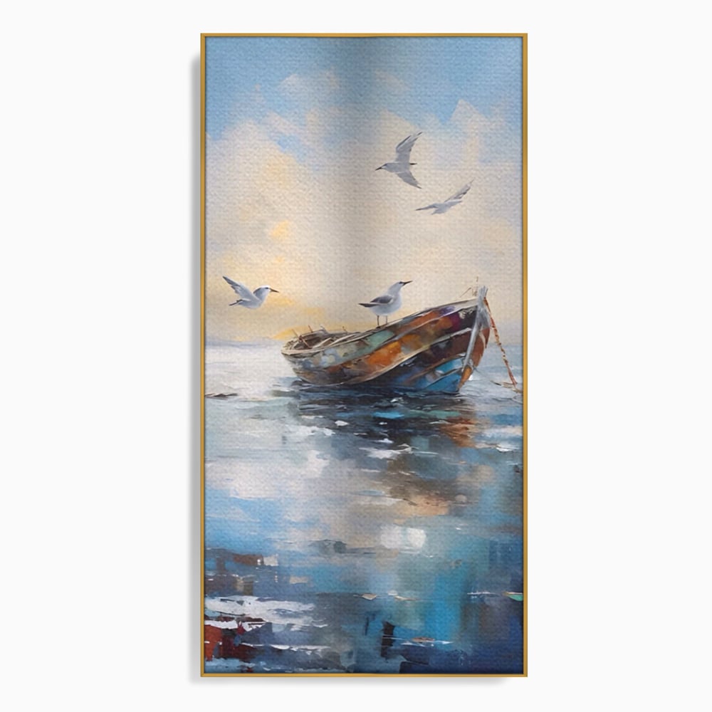 Tablou canvas cu tablou canvas cu barca si pescarusi, in rama de aluminiu auriu