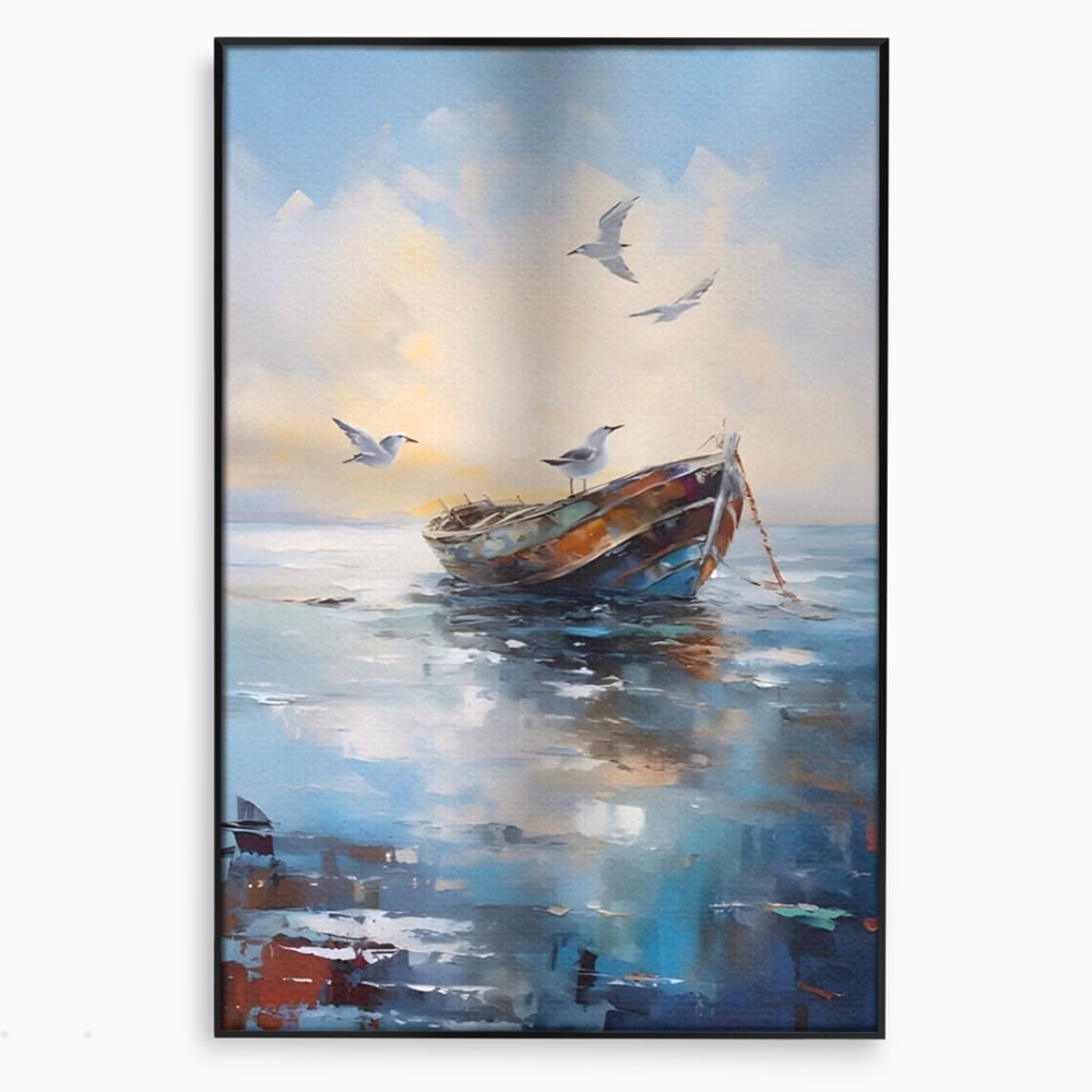 Tablou canvas cu tablou canvas cu barca si pescarusi, in rama de aluminiu negru