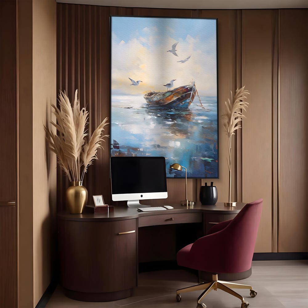 Tablou canvas cu tablou canvas cu barca si pescarusi, in rama de aluminiu negru, pe perete intr-un birou
