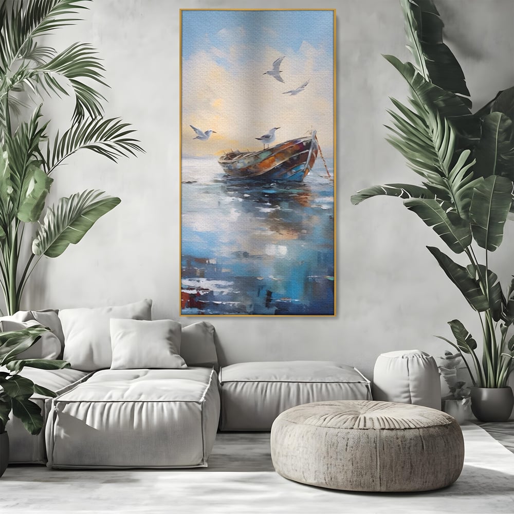 Tablou canvas cu tablou canvas cu barca si pescarusi, in rama de aluminiu auriu, pe perete intr-un living