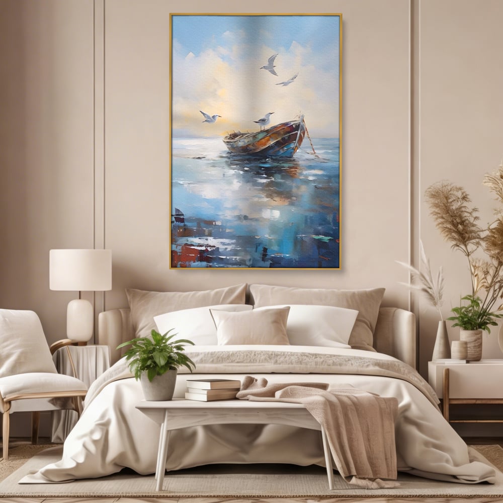 Tablou canvas cu tablou canvas cu barca si pescarusi, in rama de aluminiu auriu, pe perete intr-un dormitor