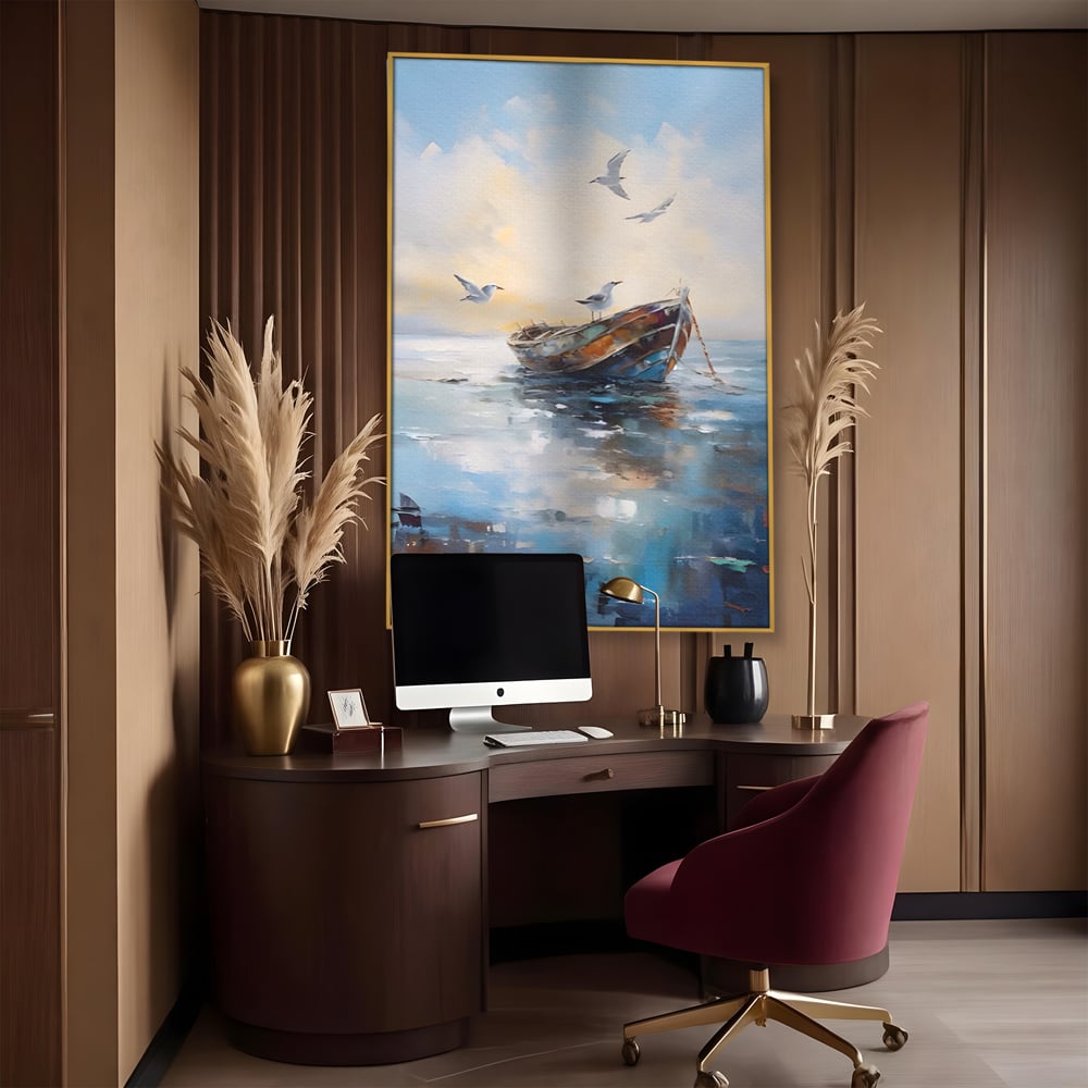 Tablou canvas cu tablou canvas cu barca si pescarusi, in rama de aluminiu auriu, pe perete intr-un birou