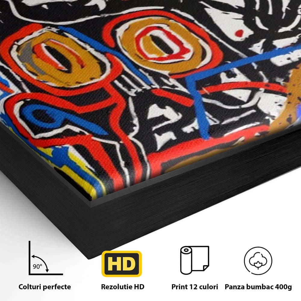 Detaliu al suprafetei: tablou canvas cu portret stil graffiti, in rama de aluminiu negru