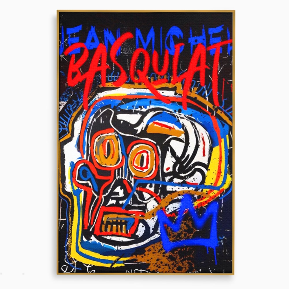 Tablou canvas cu tablou canvas cu portret stil graffiti, in rama de aluminiu auriu
