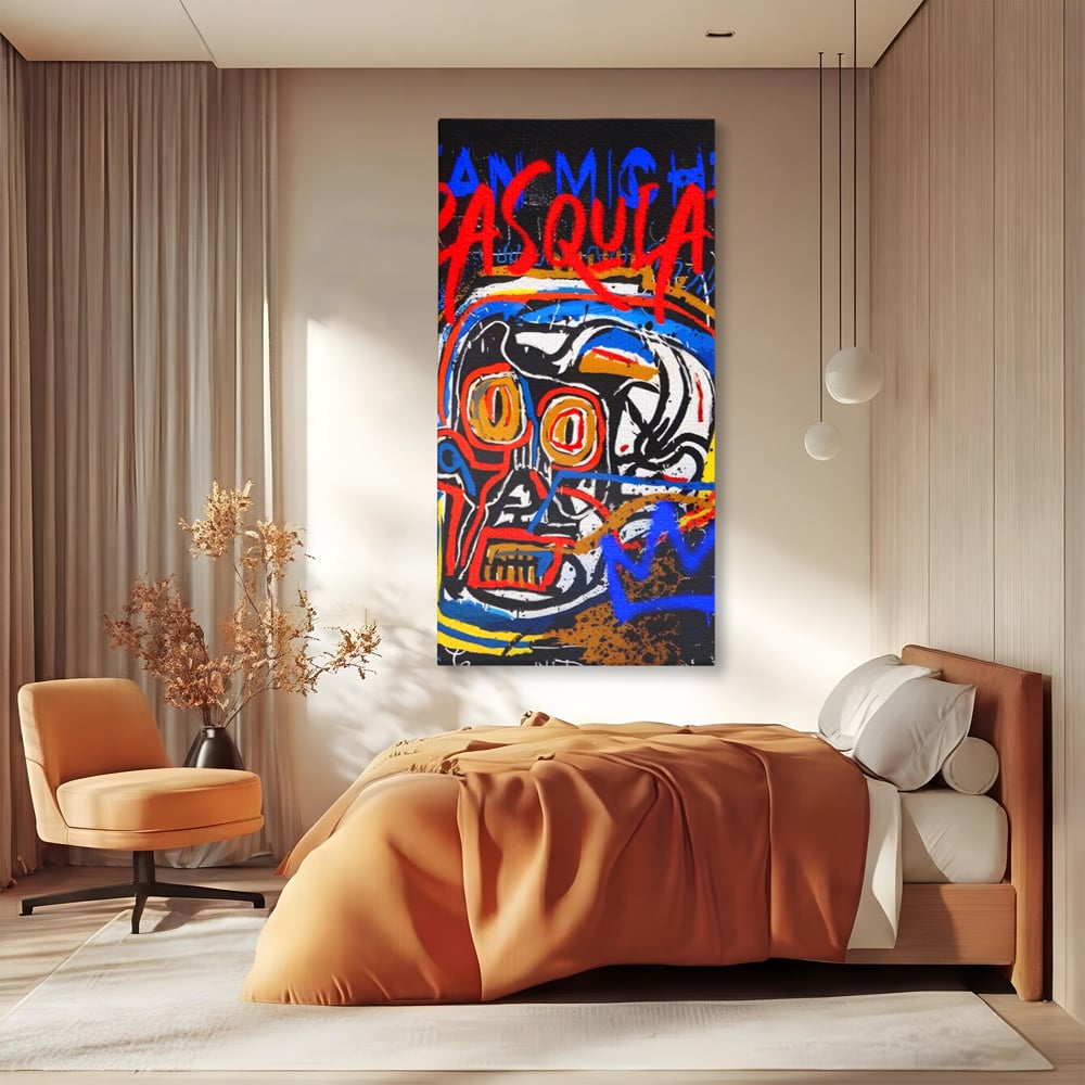 Tablou canvas cu tablou canvas cu portret stil graffiti, fara rama, pe sasiu de lemn, pe perete intr-un dormitor