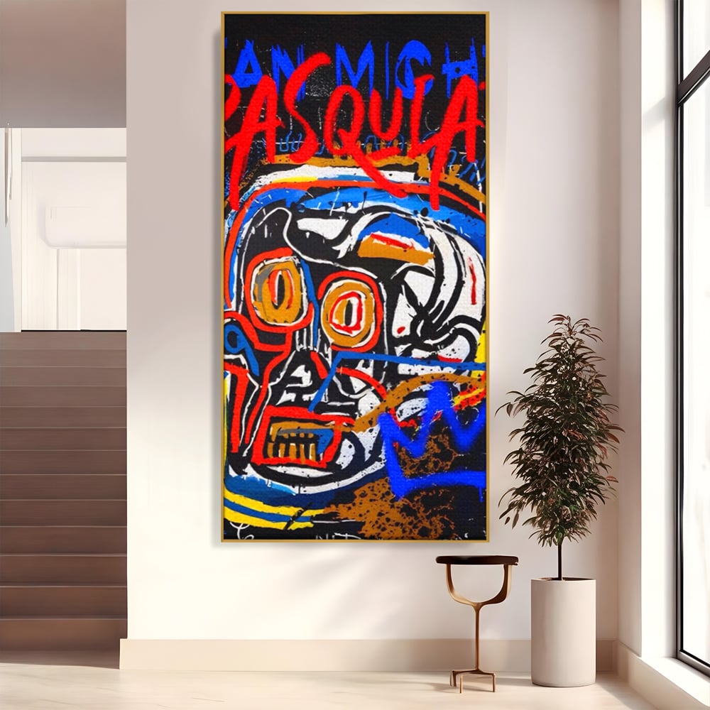 Tablou canvas cu tablou canvas cu portret stil graffiti, in rama de aluminiu auriu