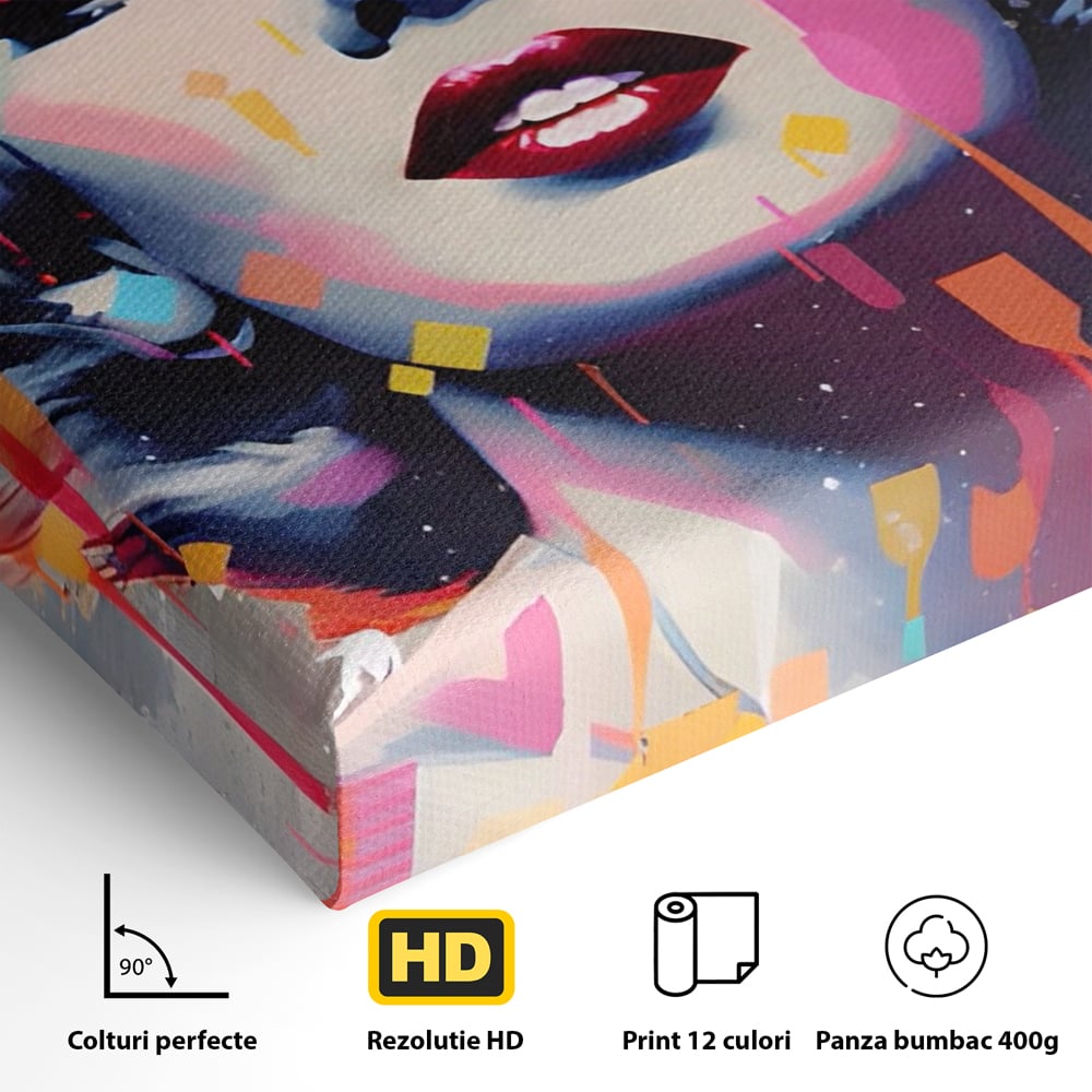 Detaliu al suprafetei: tablou canvas portret pop art marilyn monroe, fara rama, pe sasiu de lemn