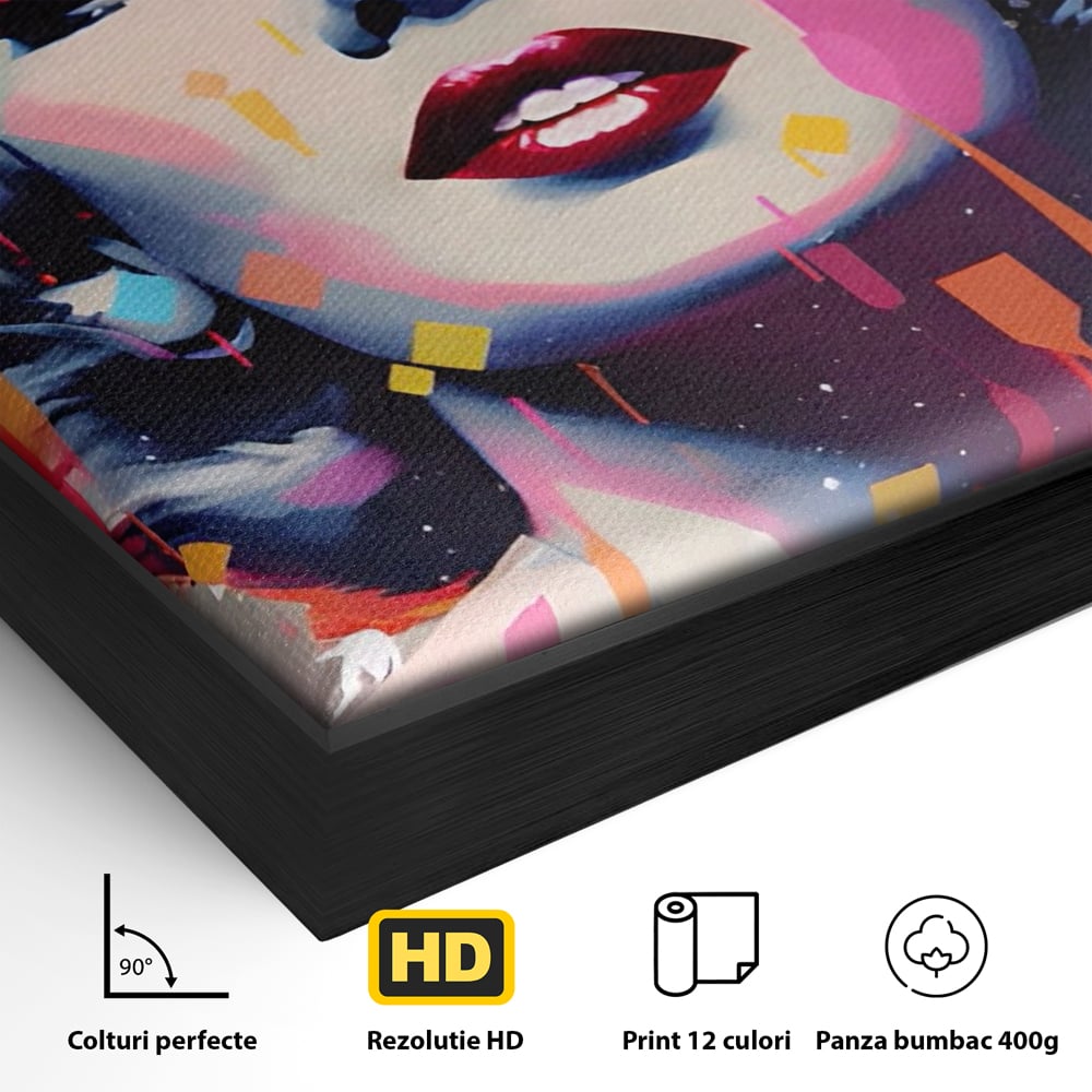Detaliu al suprafetei: tablou canvas portret pop art marilyn monroe, in rama de aluminiu negru