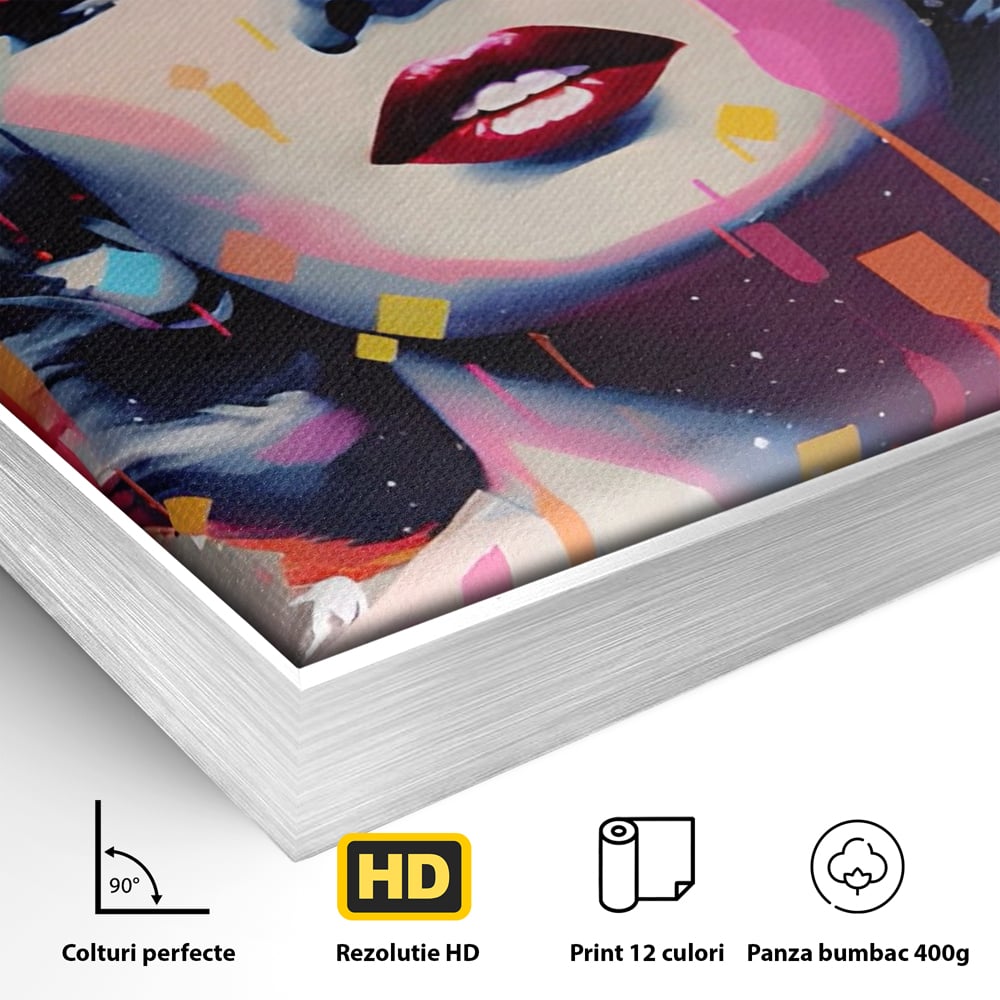 Detaliu al suprafetei: tablou canvas portret pop art marilyn monroe, in rama de aluminiu argintiu