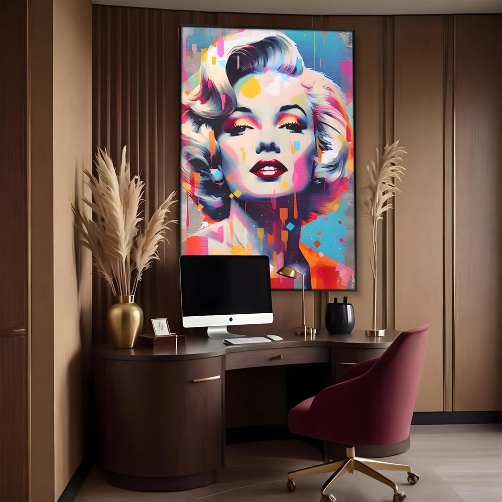 Tablou canvas cu tablou canvas portret pop art marilyn monroe, in rama de aluminiu negru, pe perete intr-un birou