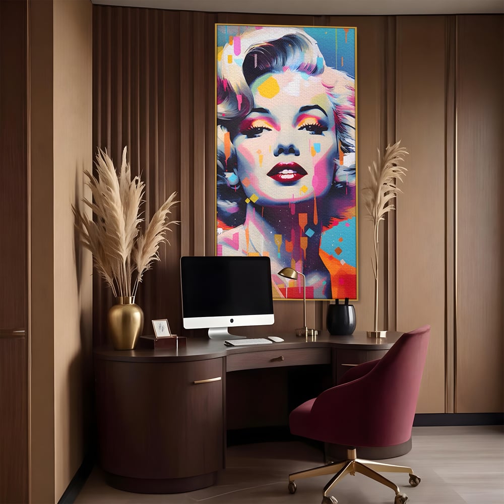 Tablou canvas cu tablou canvas portret pop art marilyn monroe, in rama de aluminiu auriu, pe perete intr-un birou