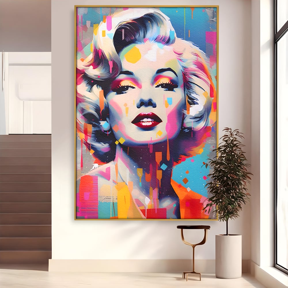 Tablou canvas cu tablou canvas portret pop art marilyn monroe, in rama de aluminiu auriu