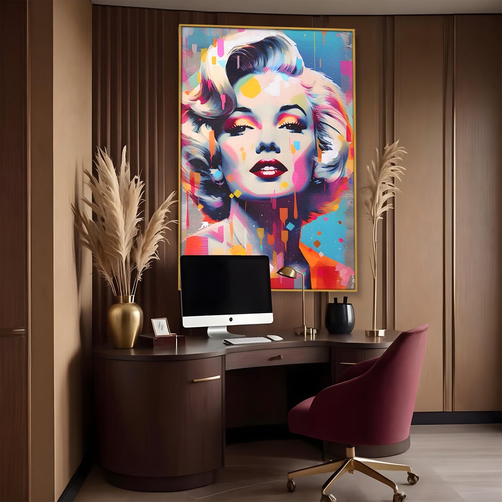 Tablou canvas cu tablou canvas portret pop art marilyn monroe, in rama de aluminiu auriu, pe perete intr-un birou