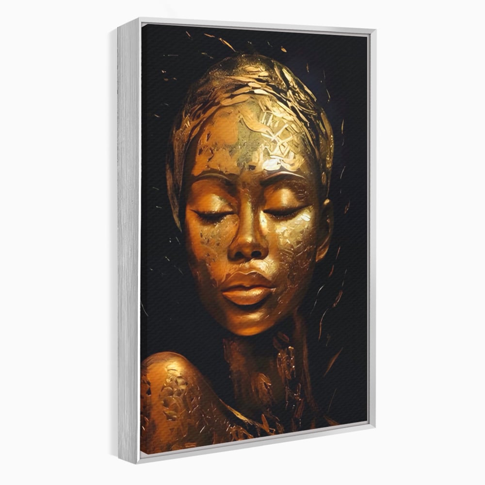 Tablou canvas cu tablou canvas cu femeie africana aurie, in rama de aluminiu argintiu