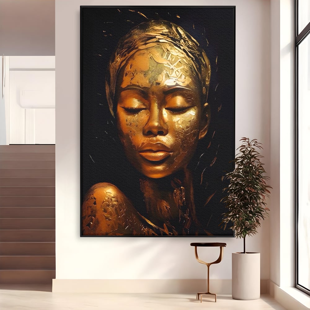Tablou canvas cu tablou canvas cu femeie africana aurie, in rama de aluminiu negru