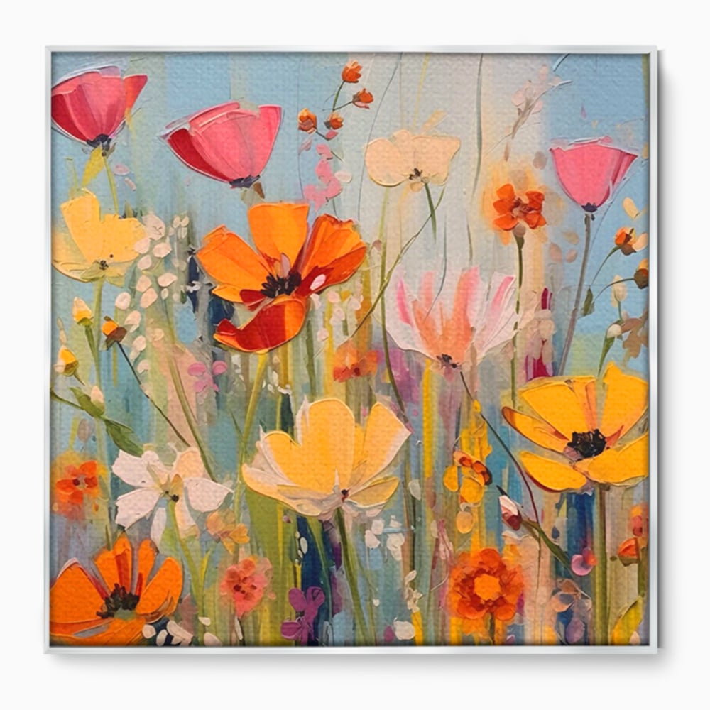 Tablou canvas cu pictura in cutit cu flori de camp, in rama de aluminiu argintiu