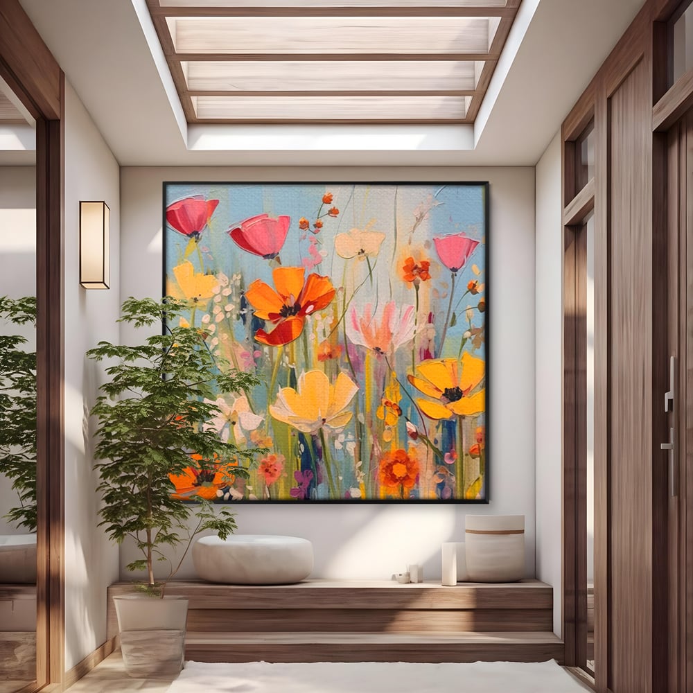Tablou canvas cu pictura in cutit cu flori de camp, in rama de aluminiu negru