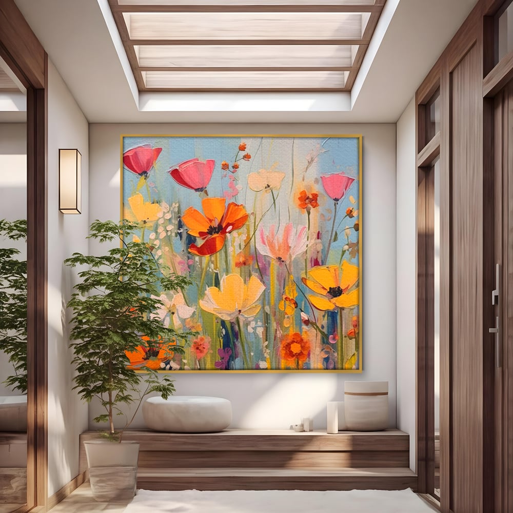 Tablou canvas cu pictura in cutit cu flori de camp, in rama de aluminiu auriu