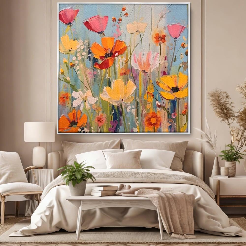 Tablou canvas cu pictura in cutit cu flori de camp, in rama de aluminiu argintiu, pe perete intr-un dormitor