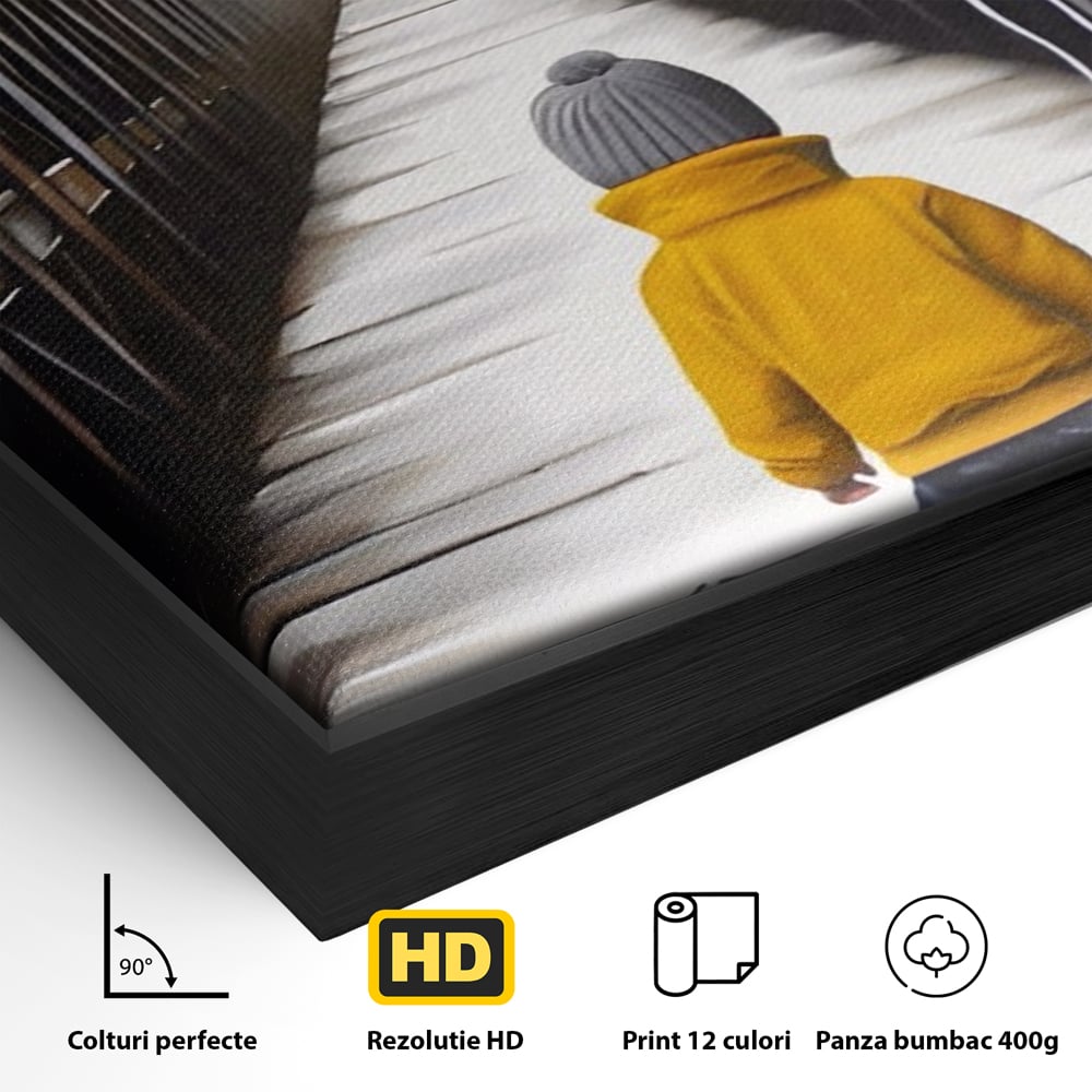 Detaliu al suprafetei: tablou canvas cu un copil si balon galben pe pod, in rama de aluminiu negru