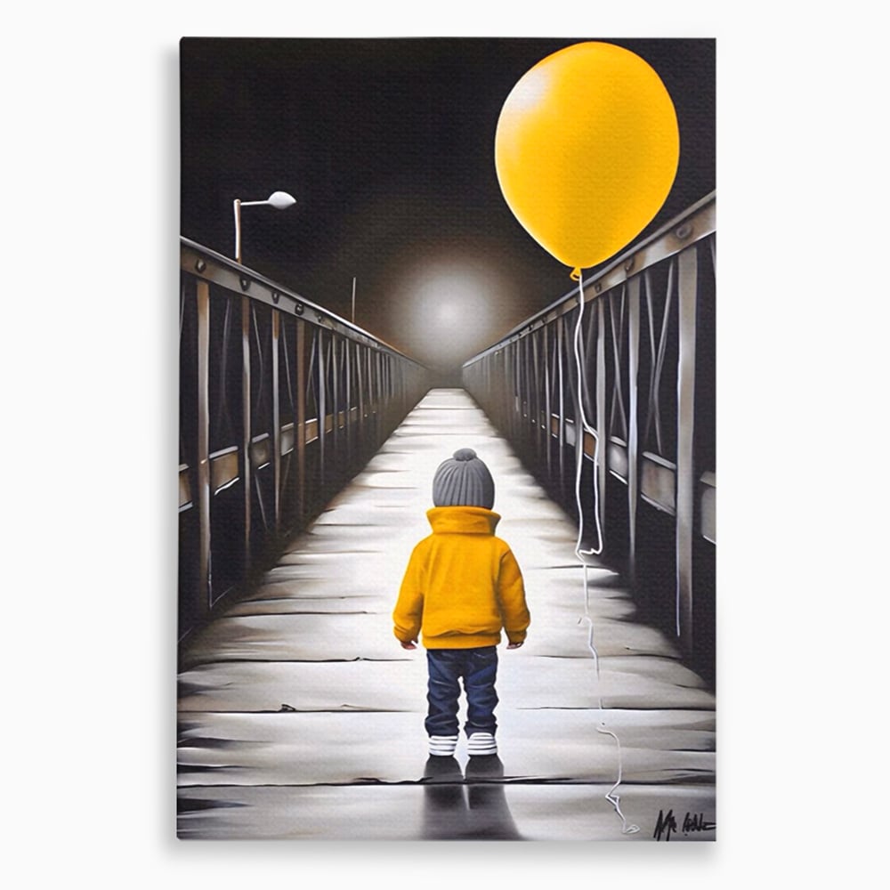 Tablou canvas cu tablou canvas cu un copil si balon galben pe pod, fara rama, pe sasiu de lemn