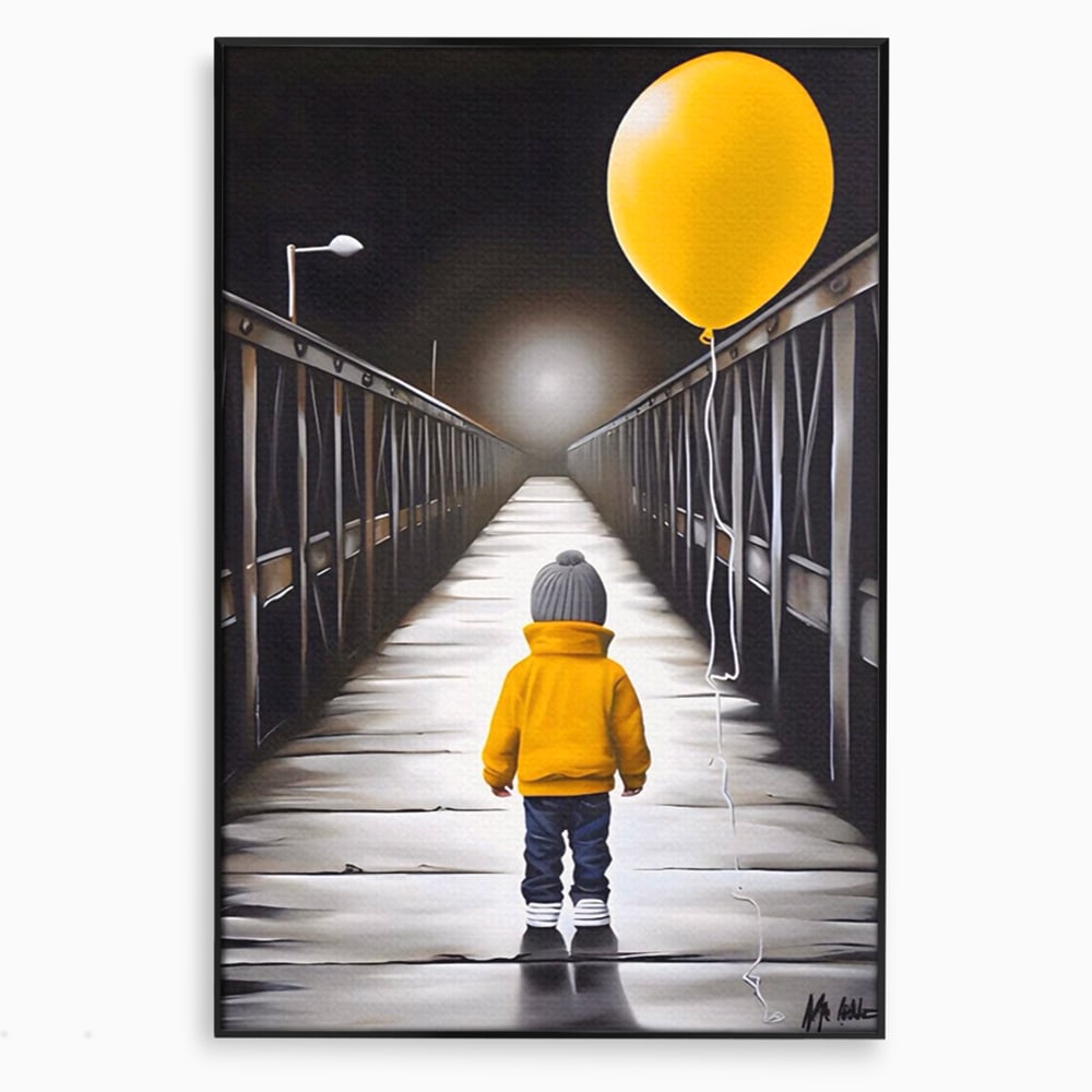 Tablou canvas cu tablou canvas cu un copil si balon galben pe pod, in rama de aluminiu negru