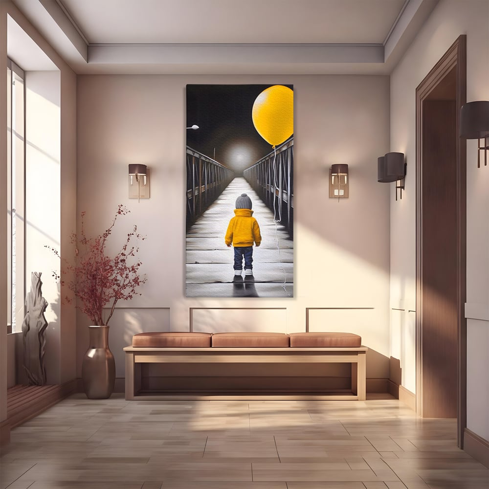 Tablou canvas cu tablou canvas cu un copil si balon galben pe pod, fara rama, pe sasiu de lemn