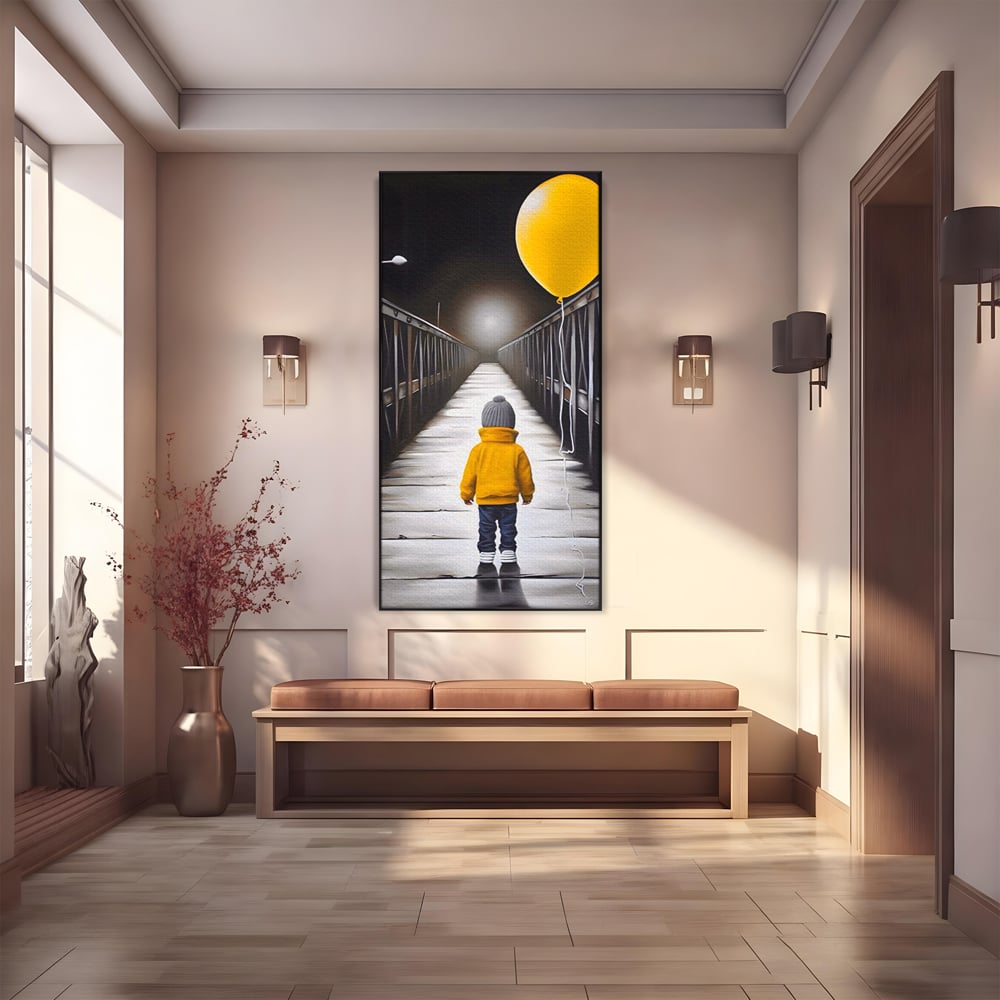 Tablou canvas cu tablou canvas cu un copil si balon galben pe pod, in rama de aluminiu negru