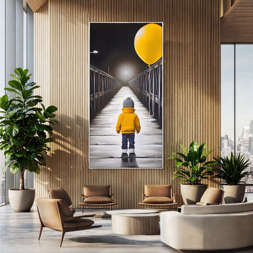 Tablou canvas cu tablou canvas cu un copil si balon galben pe pod, in rama de aluminiu argintiu, pe perete intr-un birou
