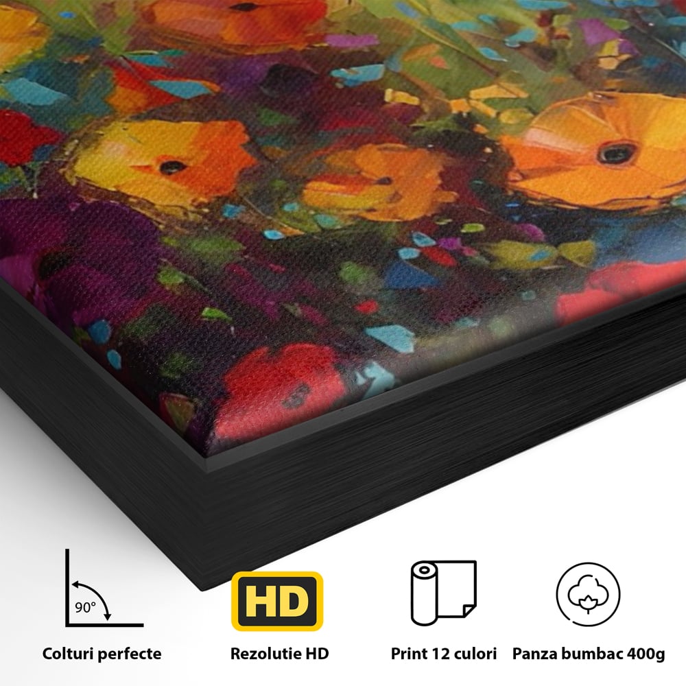 Detaliu al suprafetei: pictura camp cu flori colorate, in rama de aluminiu negru