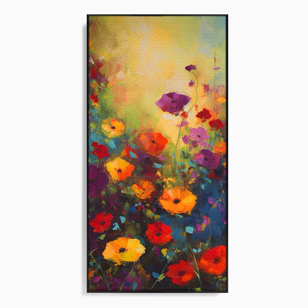 Tablou canvas cu pictura camp cu flori colorate, in rama de aluminiu negru