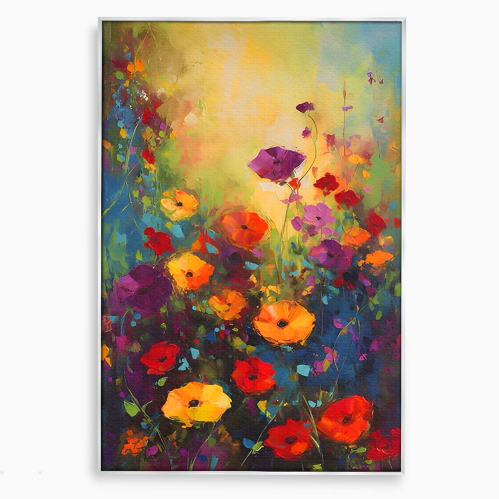 Tablou canvas cu pictura camp cu flori colorate, in rama de aluminiu argintiu