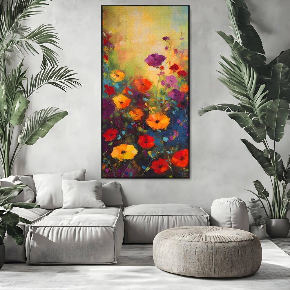 Tablou canvas cu pictura camp cu flori colorate, in rama de aluminiu negru, pe perete intr-un living