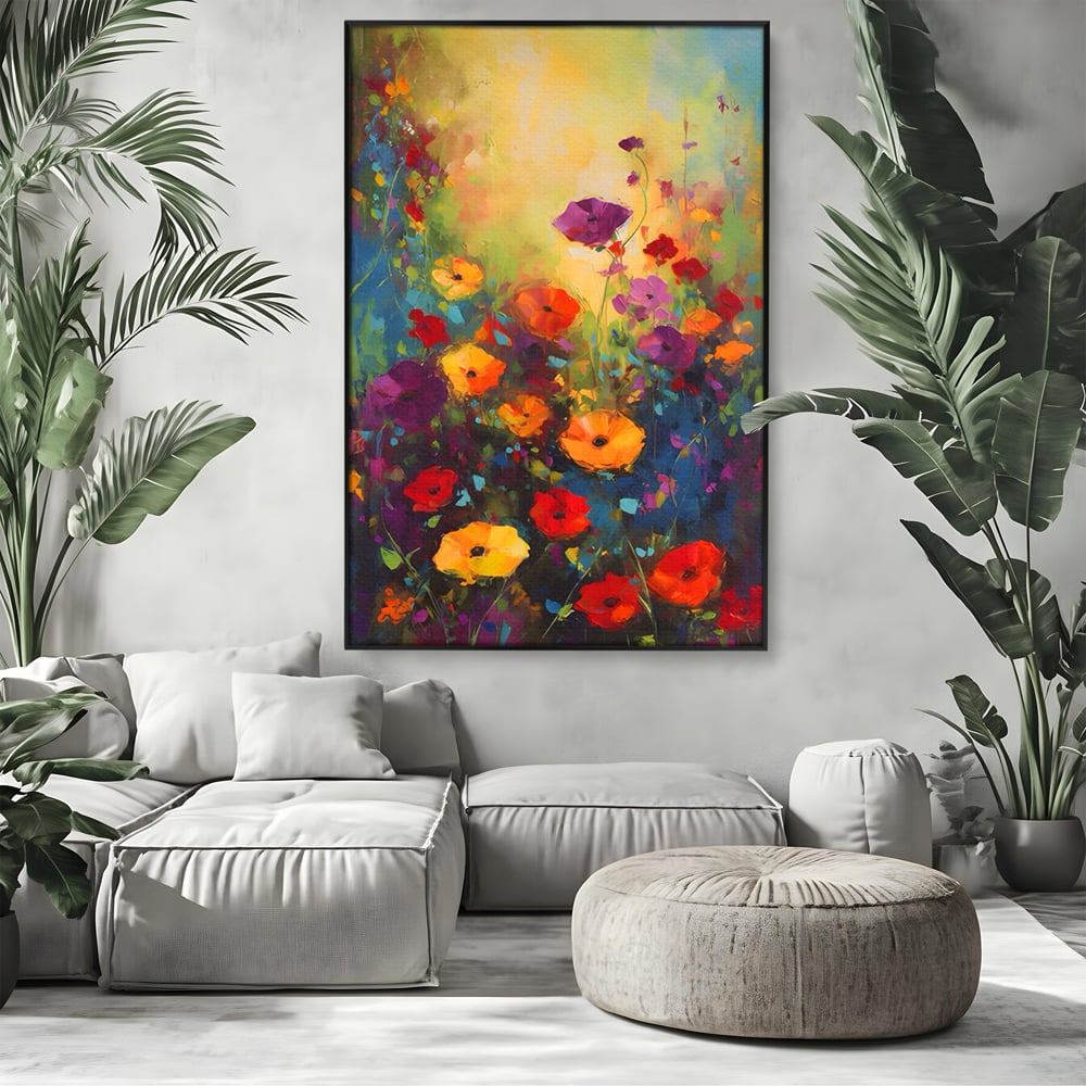 Tablou canvas cu pictura camp cu flori colorate, in rama de aluminiu negru, pe perete intr-un living
