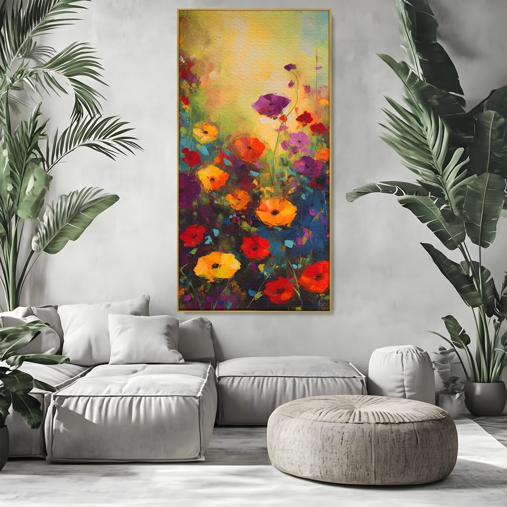 Tablou canvas cu pictura camp cu flori colorate, in rama de aluminiu auriu, pe perete intr-un living