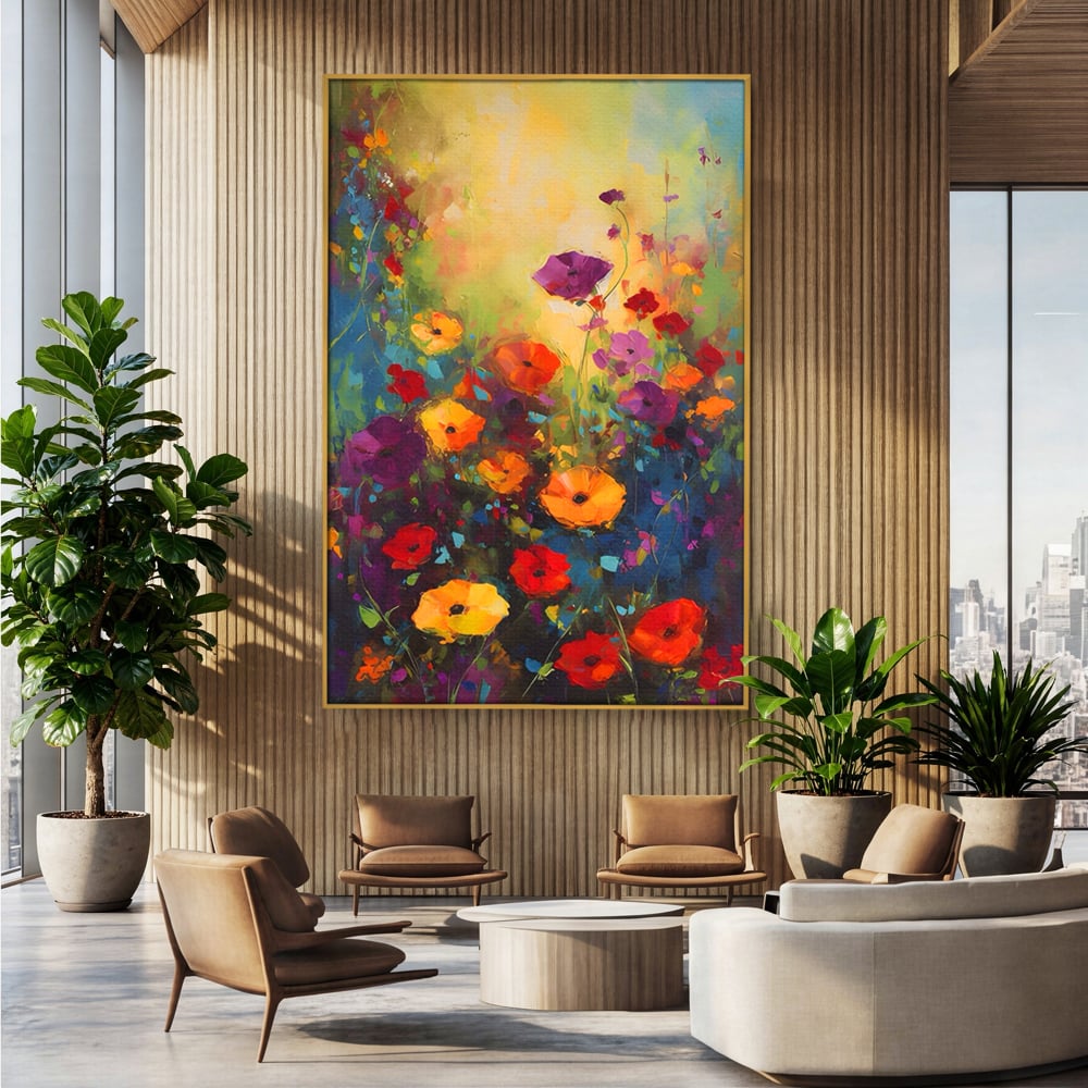 Tablou canvas cu pictura camp cu flori colorate, in rama de aluminiu auriu, pe perete intr-un birou