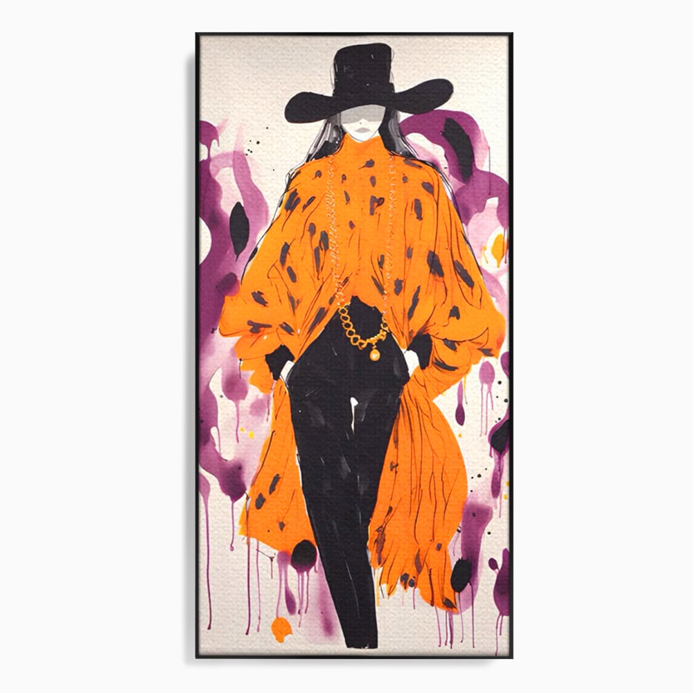 Tablou canvas cu ilustratie fashion cu femeie in costum portocaliu, in rama de aluminiu negru