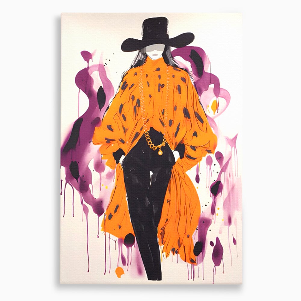Tablou canvas cu ilustratie fashion cu femeie in costum portocaliu, fara rama, pe sasiu de lemn