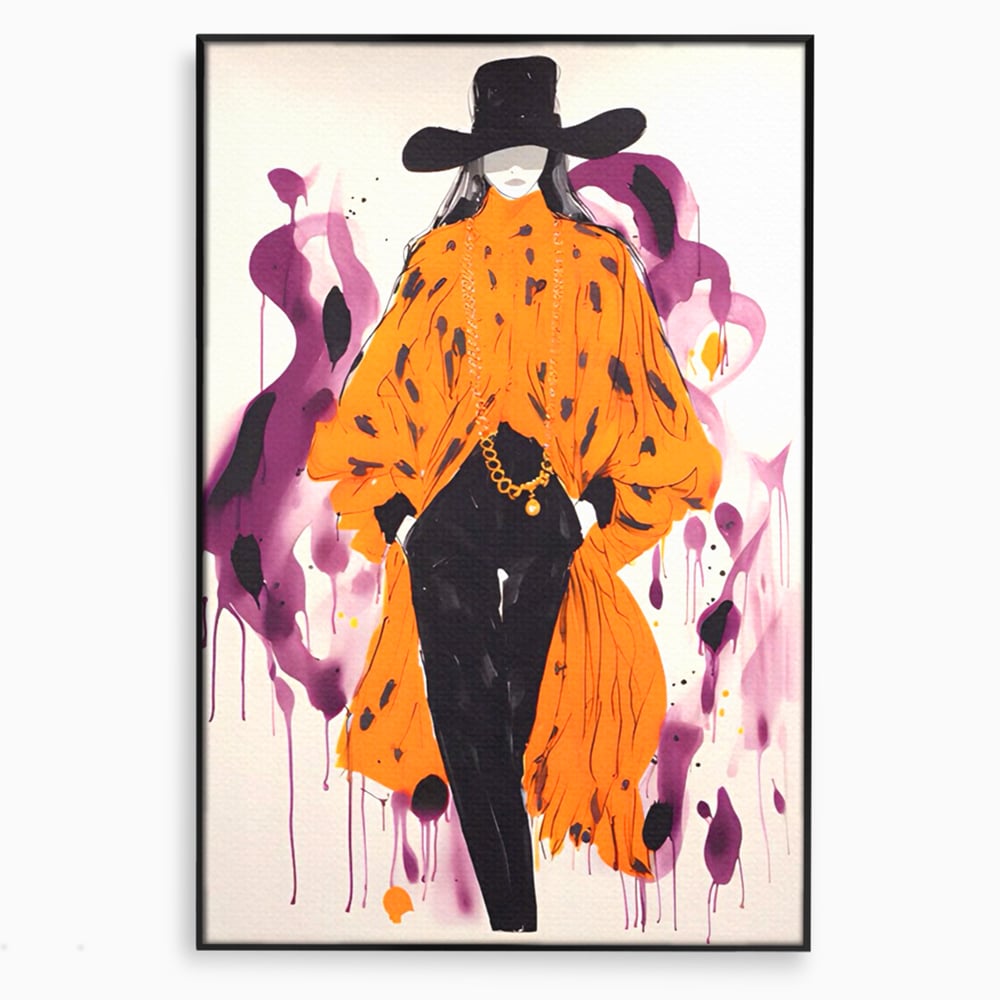Tablou canvas cu ilustratie fashion cu femeie in costum portocaliu, in rama de aluminiu negru