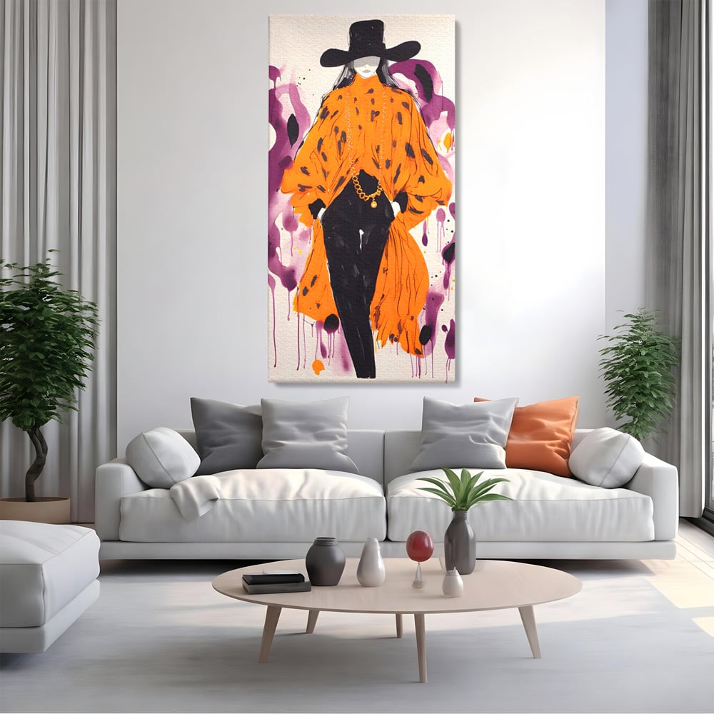 Tablou canvas cu ilustratie fashion cu femeie in costum portocaliu, fara rama, pe sasiu de lemn, pe perete intr-un living