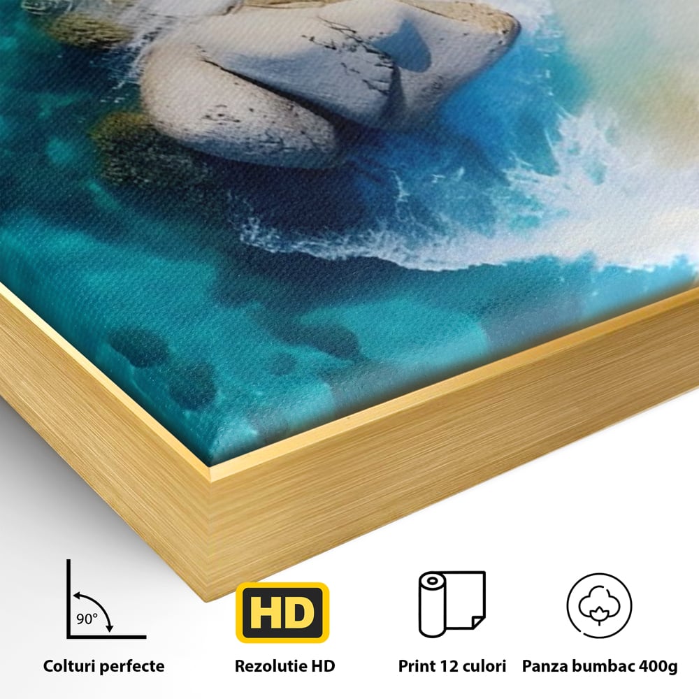 Detaliu al suprafetei: tablou canvas cu stanci in apa turcoaz, in rama de aluminiu auriu