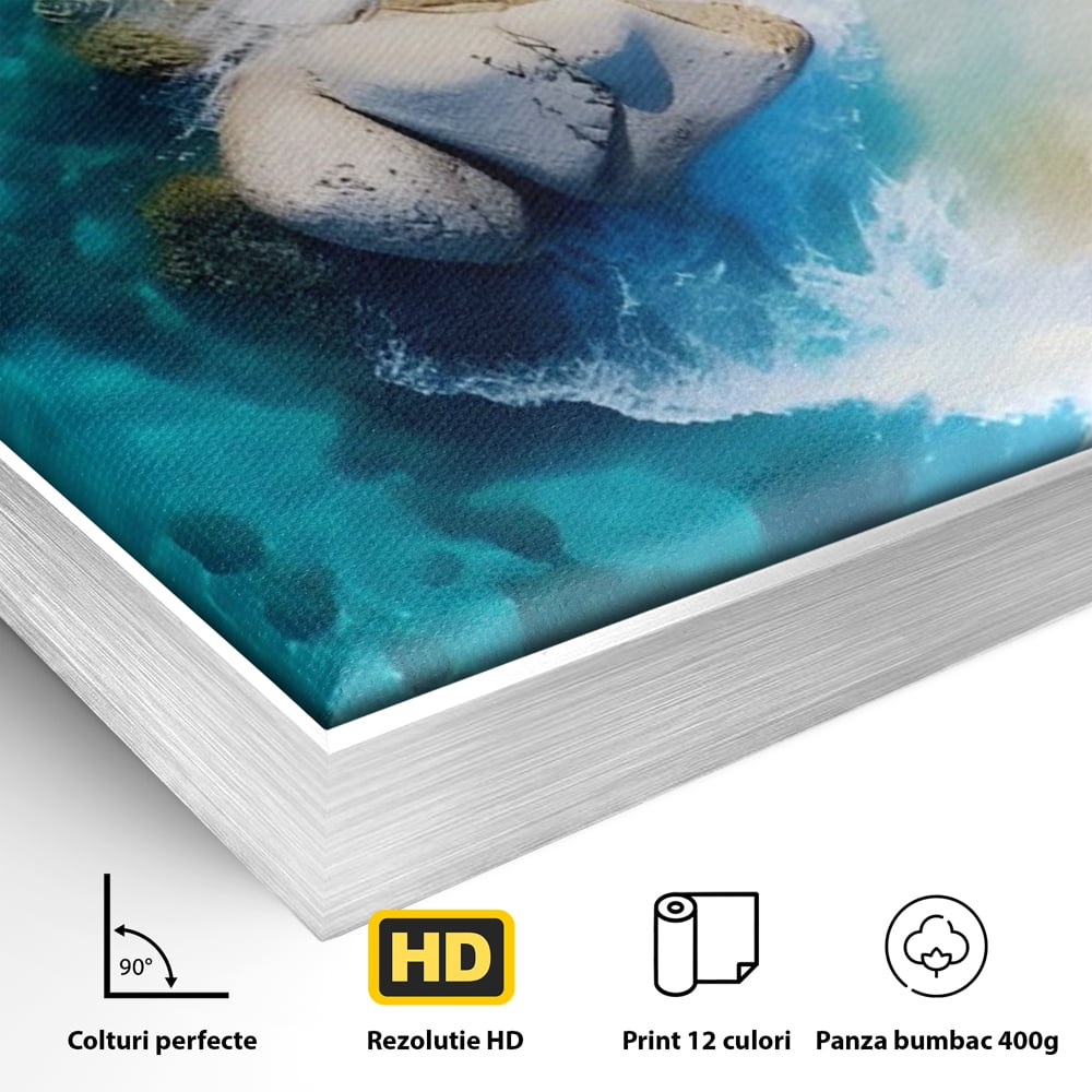 Detaliu al suprafetei: tablou canvas cu stanci in apa turcoaz, in rama de aluminiu argintiu