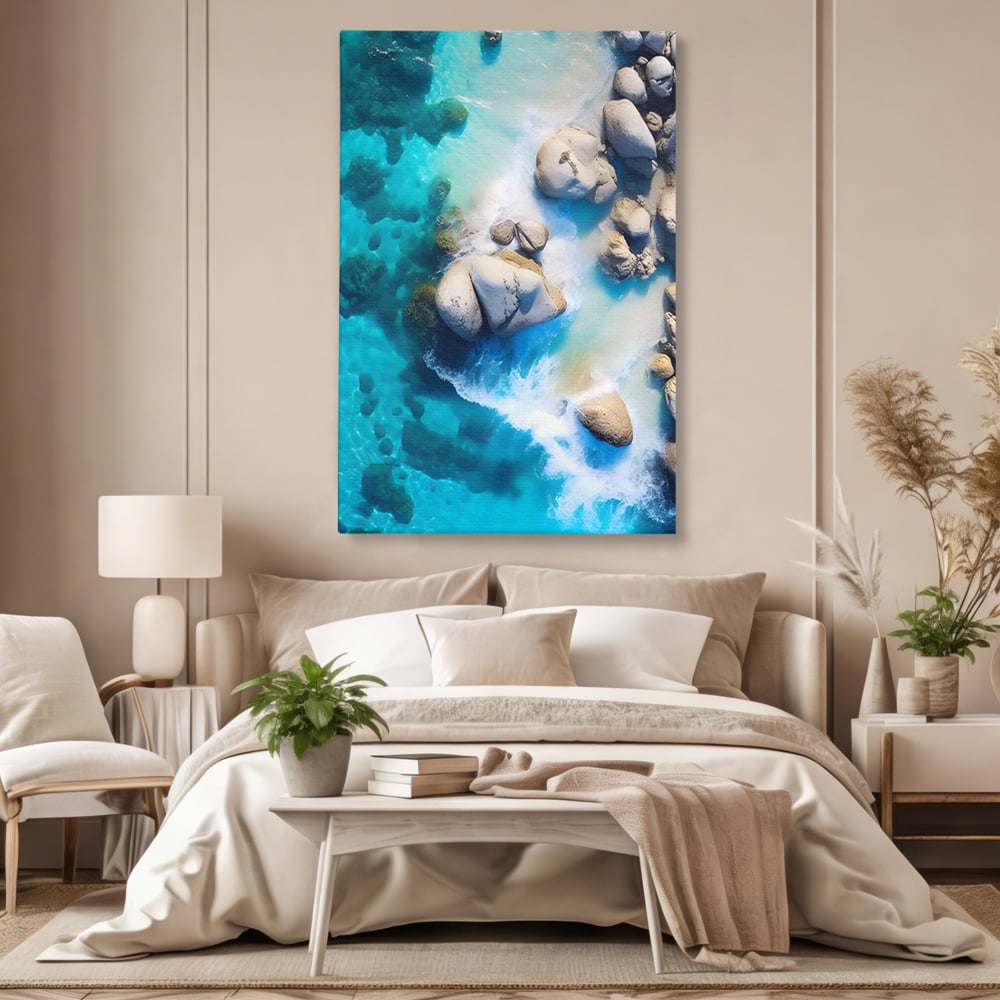 Tablou canvas cu tablou canvas cu stanci in apa turcoaz, fara rama, pe sasiu de lemn, pe perete intr-un dormitor