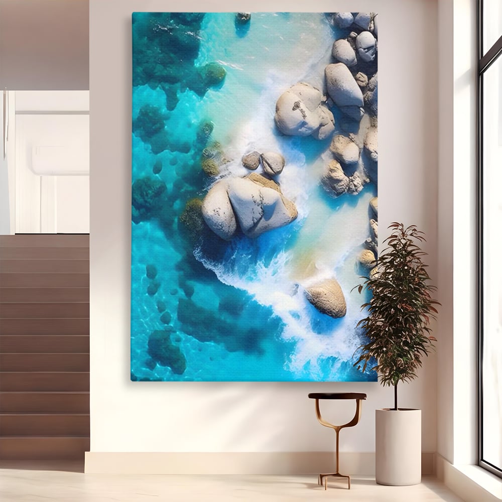 Tablou canvas cu tablou canvas cu stanci in apa turcoaz, fara rama, pe sasiu de lemn