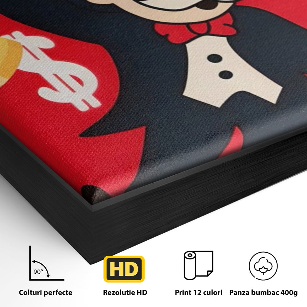 Detaliu al suprafetei: tablou canvas cu domnul monopoly pe fond rosu, in rama de aluminiu negru