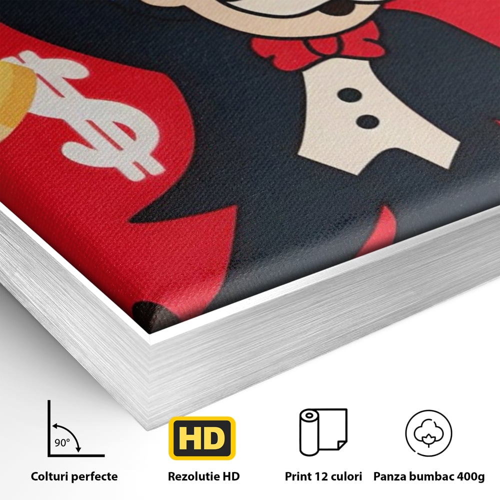 Detaliu al suprafetei: tablou canvas cu domnul monopoly pe fond rosu, in rama de aluminiu argintiu