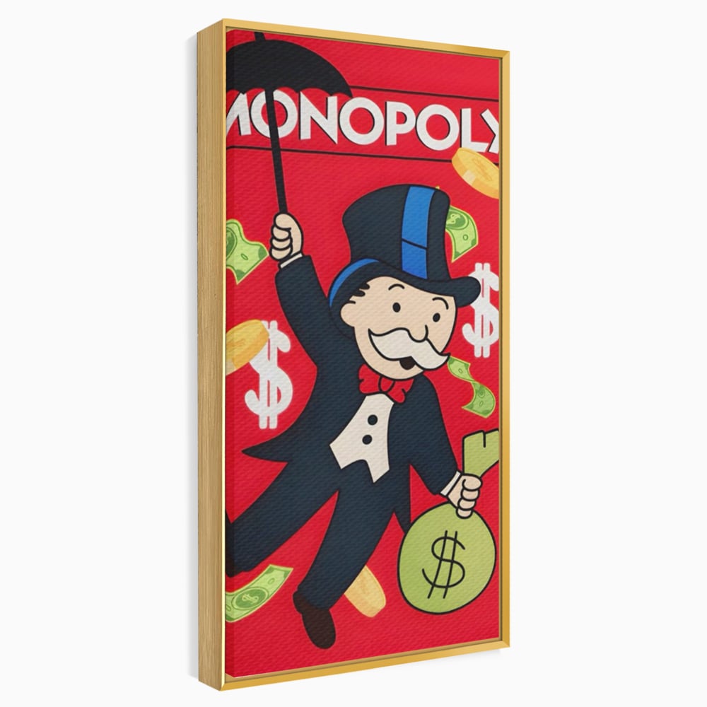 Tablou canvas cu tablou canvas cu domnul monopoly pe fond rosu, in rama de aluminiu auriu