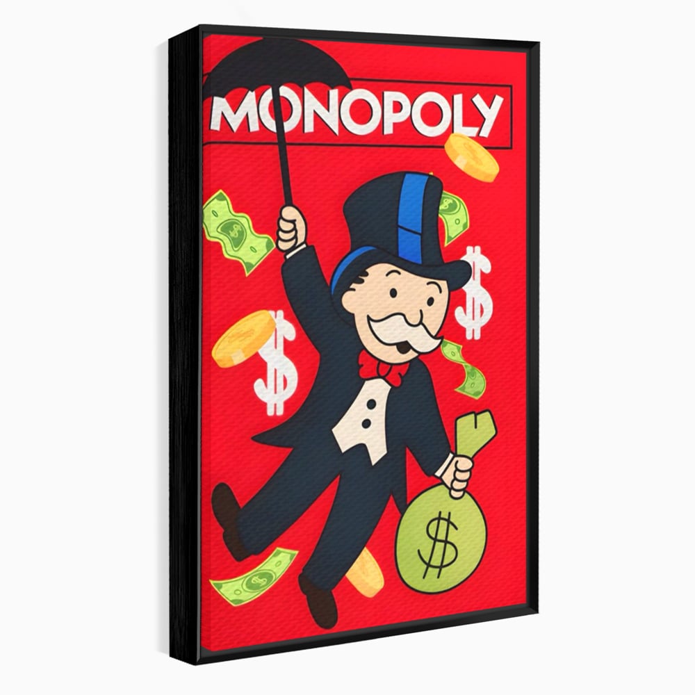 Tablou canvas cu tablou canvas cu domnul monopoly pe fond rosu, in rama de aluminiu negru