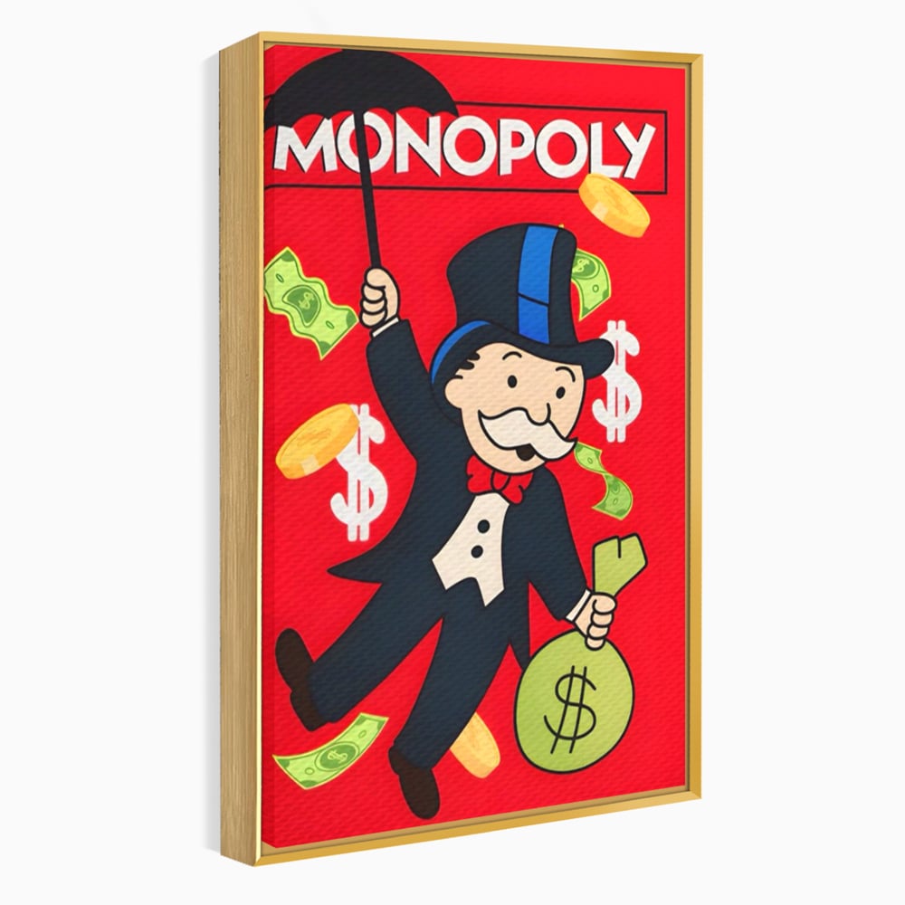 Tablou canvas cu tablou canvas cu domnul monopoly pe fond rosu, in rama de aluminiu auriu