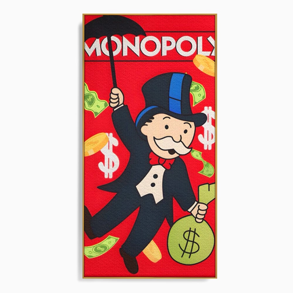 Tablou canvas cu tablou canvas cu domnul monopoly pe fond rosu, in rama de aluminiu auriu